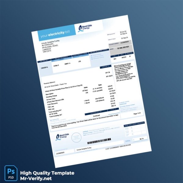 Ireland Bord Gáis Energy Editable Electricity Bill Template in Word and PDF formats Ireland Bord Gáis Energy Editable Electricity Bill Template in Word and PDF formats
