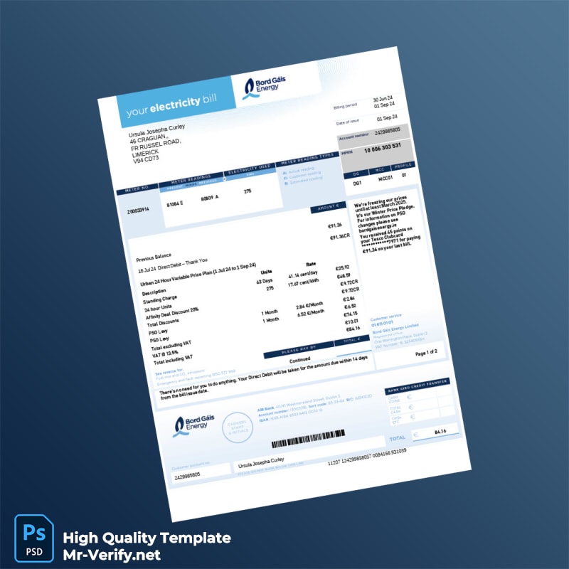 Ireland Bord Gáis Energy Editable Electricity Bill Template in Word and PDF formats Ireland Bord Gáis Energy Editable Electricity Bill Template in Word and PDF formats