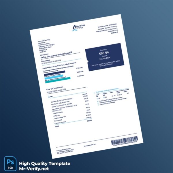 Ireland Bord Gáis Energy Limited Editable Natural Gas Bill Template in Word and PDF formats