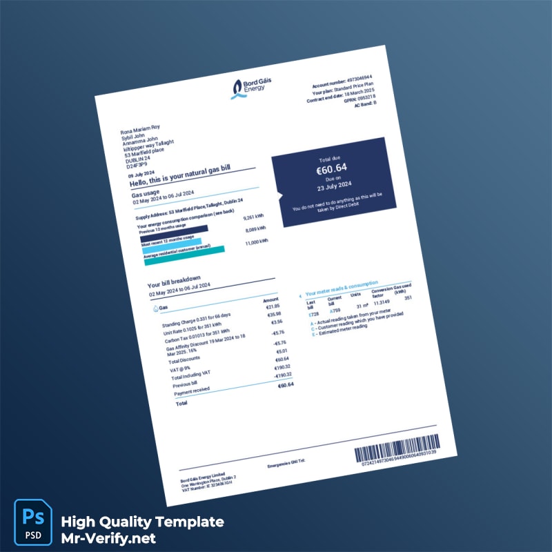 Ireland Bord Gáis Energy Limited Editable Natural Gas Bill Template in Word and PDF formats Ireland Bord Gáis Energy Limited Editable Natural Gas Bill Template in Word and PDF formats