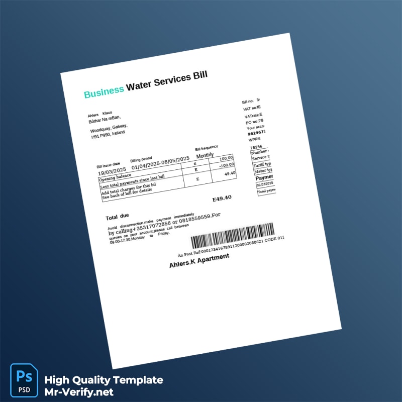 Ireland Editable Water Bill Template in Word and PDF formats Ireland Editable Water Bill Template in Word and PDF formats