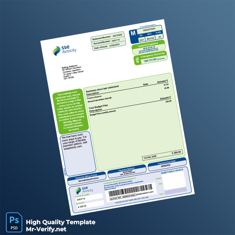 Ireland SSE Airtricity Editable Electricity Bill Template in Word and PDF formats Ireland SSE Airtricity Editable Electricity Bill Template in Word and PDF formats