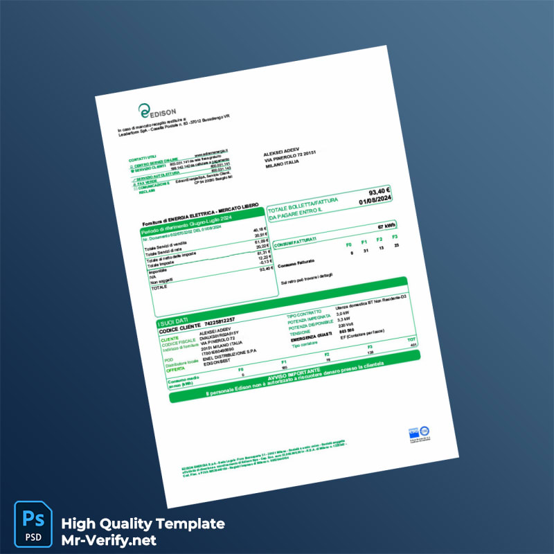 Italy Edison Energia S p A Editable Electricity Bill Template in Word and PDF formats Italy Edison Energia S p A Editable Electricity Bill Template in Word and PDF formats