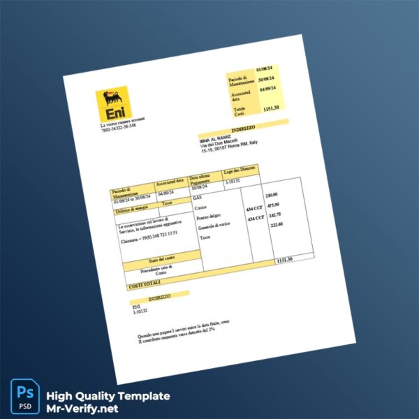 Italy Eni Editable Gas Utility Business Bill Template in Word and PDF formats