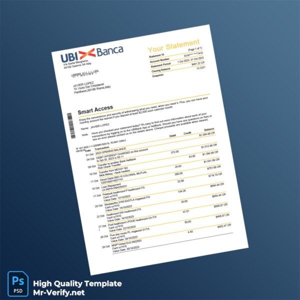 Italy UBI Bank Bank Statement Template in Word and PDF formats
