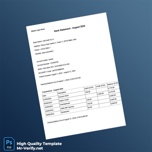 Italy UniCredit Bank Statement Template in Word and PDF formats Italy UniCredit Bank Statement Template in Word and PDF formats