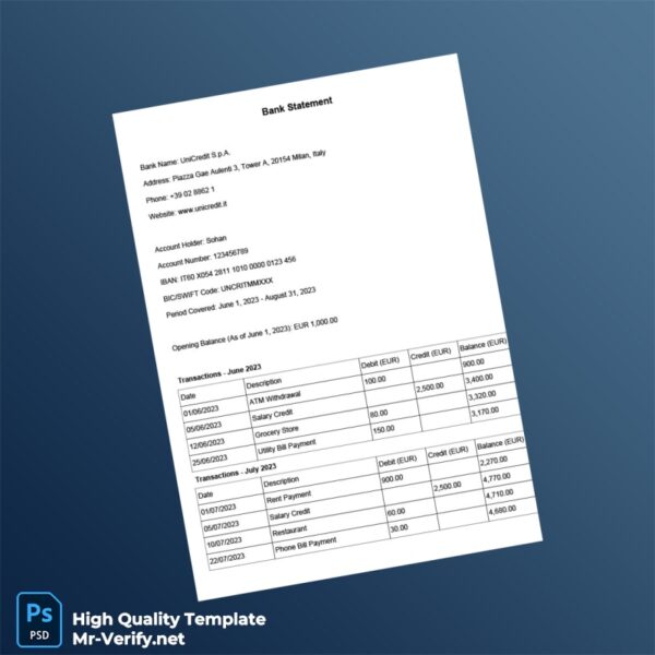 Italy UniCredit S p A Editable Bank Statement Template in Word and PDF formats Italy UniCredit S p A Editable Bank Statement Template in Word and PDF formats