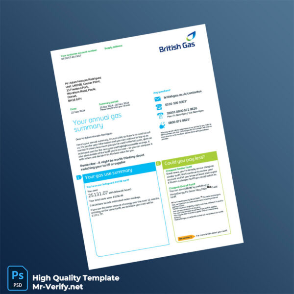 Kazakhstan British Gas Editable Utility Bill Template in Word and PDF formats