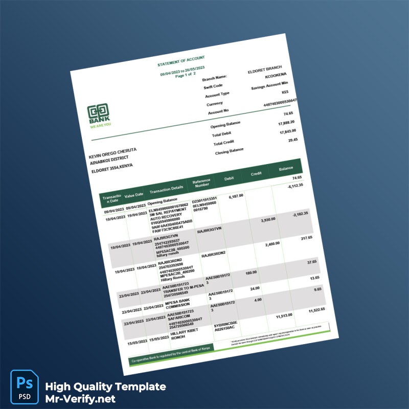 Kenya Co-operative Bank Bank Statement Template in Word and PDF formats Kenya Co-operative Bank Bank Statement Template in Word and PDF formats