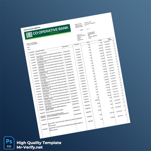 Kenya Cooperative Bank Account Statement Template in Word and PDF formats