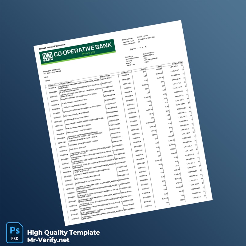 Kenya Cooperative Bank Account Statement Template in Word and PDF formats page 2 Kenya Cooperative Bank Account Statement Template in Word and PDF formats page 2