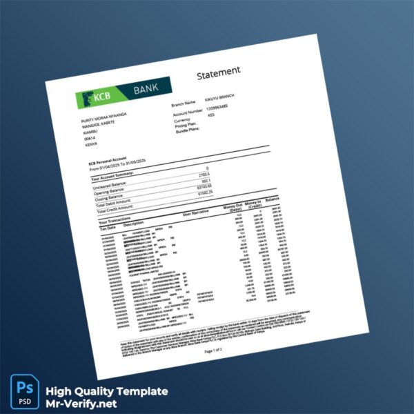 Kenya KCB Personal Account Statement Template in Word and PDF formats Kenya KCB Personal Account Statement Template in Word and PDF formats