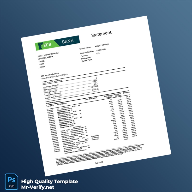 Kenya KCB Personal Account Statement Template in Word and PDF formats Kenya KCB Personal Account Statement Template in Word and PDF formats