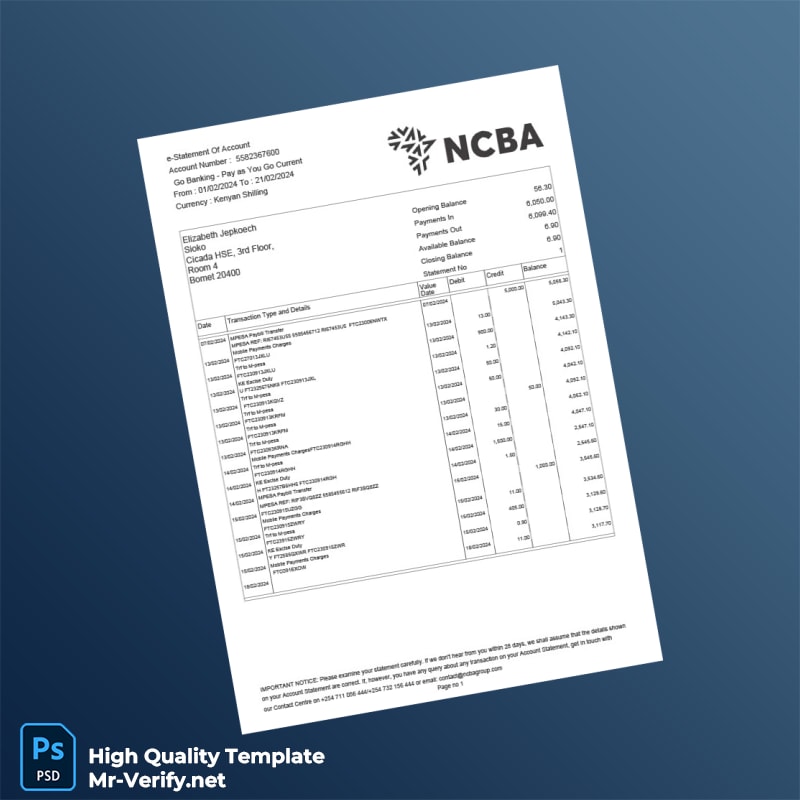 Kenya NCBA Bank Statement Template in Word and PDF formats Kenya NCBA Bank Statement Template in Word and PDF formats