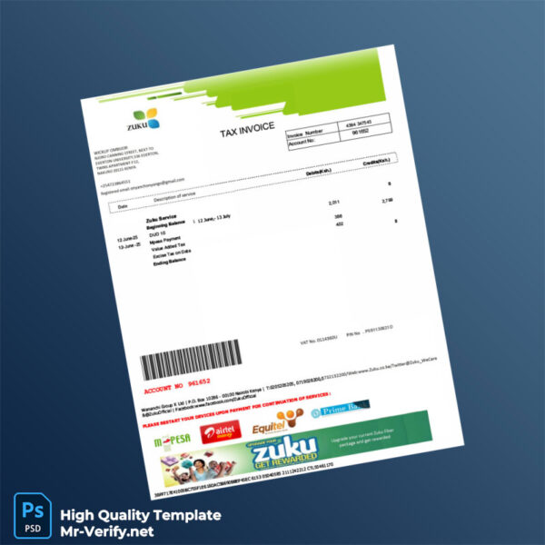 Kenya Wananchi Group K Ltd Editable Internet Bill Template in Word and PDF formats Kenya Wananchi Group K Ltd Editable Internet Bill Template in Word and PDF formats