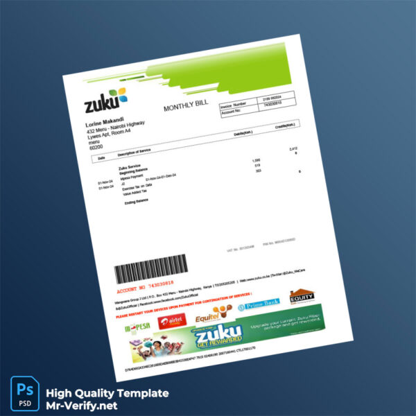 Kenya Zuku Editable Utility Bill Template in Word and PDF formats Kenya Zuku Editable Utility Bill Template in Word and PDF formats