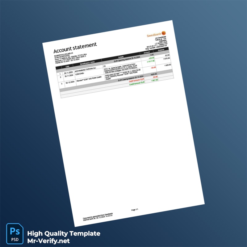 Latvia AS Swedbank Bank Statement Template in Word and PDF formats Latvia AS Swedbank Bank Statement Template in Word and PDF formats