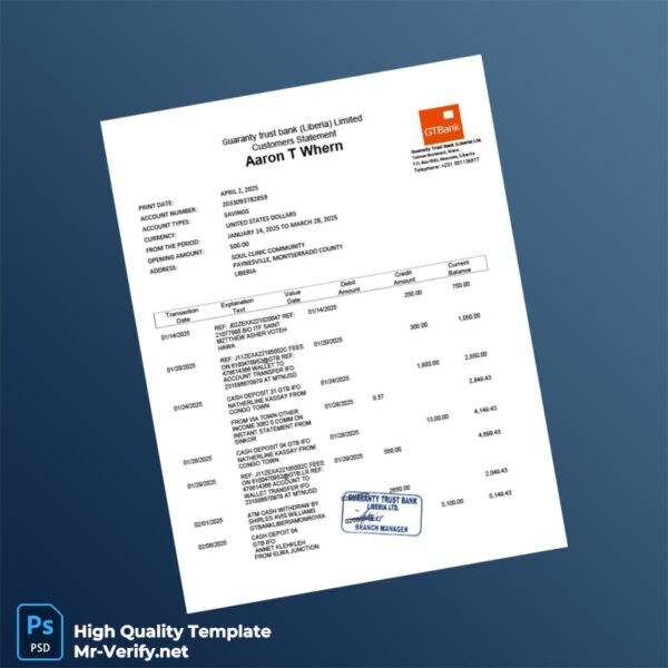 Liberia Guaranty Trust Bank Bank Statement Template in Word and PDF formats Liberia Guaranty Trust Bank Bank Statement Template in Word and PDF formats