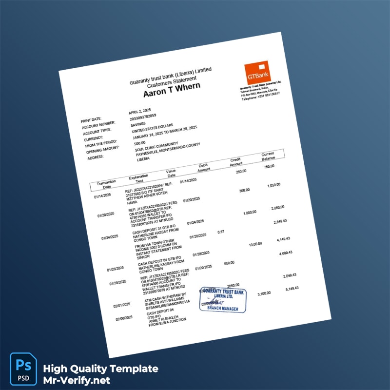 Liberia Guaranty Trust Bank Statement Template in Word and PDF formats Liberia Guaranty Trust Bank Statement Template in Word and PDF formats