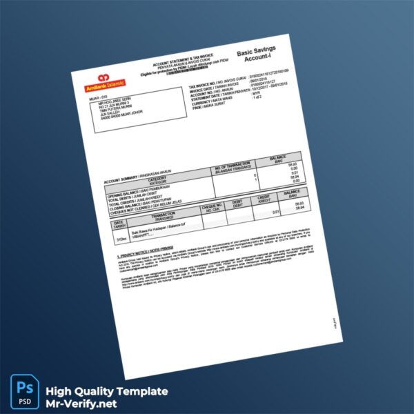 Malaysia AmBank Basic Savings Account Statement Template in Word and PDF formats Malaysia AmBank Basic Savings Account Statement Template in Word and PDF formats