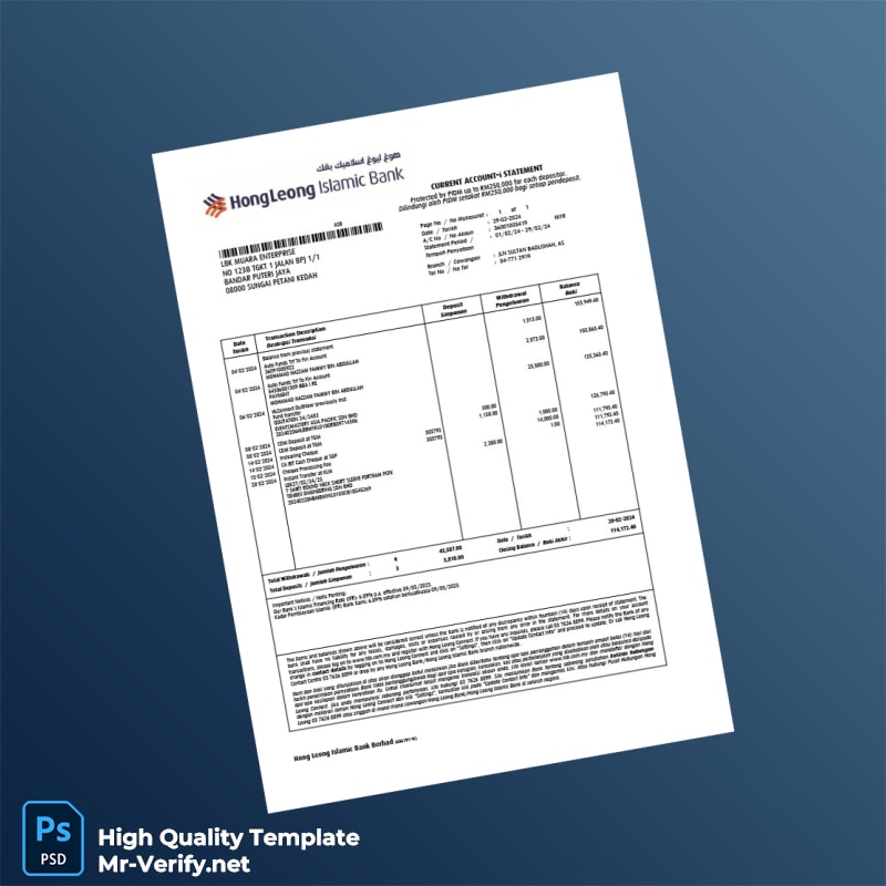 Malaysia Hong Leong Islamic Bank Statement Template in Word and PDF formats page 2 Malaysia Hong Leong Islamic Bank Statement Template in Word and PDF formats page 2
