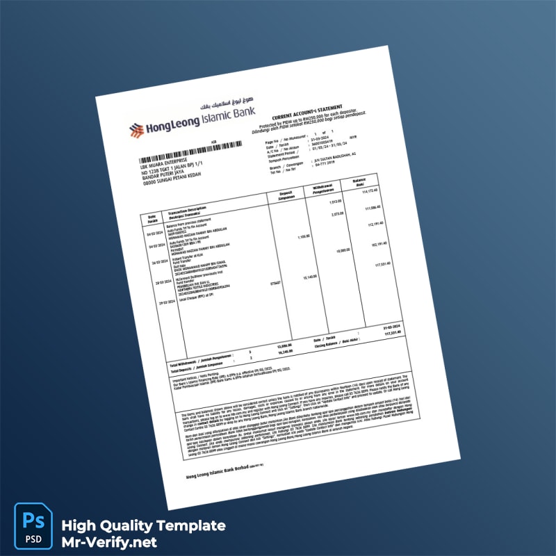 Malaysia Hong Leong Islamic Bank Statement Template in Word and PDF formats page 3 Malaysia Hong Leong Islamic Bank Statement Template in Word and PDF formats page 3