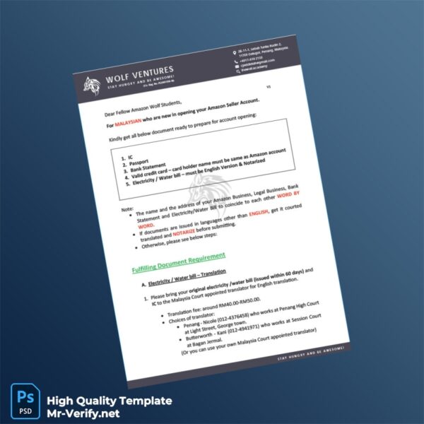 Malaysia Wolf Ventures Editable Amazon Seller Account Opening Template in Word and PDF formats Malaysia Wolf Ventures Editable Amazon Seller Account Opening Template in Word and PDF formats