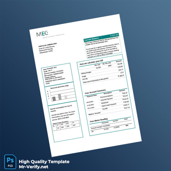 Mongolia Mongolia Energy Corporation Editable Electricity Bill Template in Word and PDF formats Mongolia Mongolia Energy Corporation Editable Electricity Bill Template in Word and PDF formats
