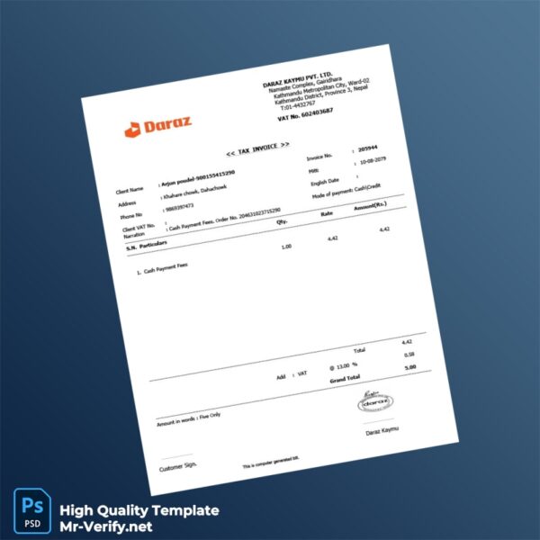Nepal Daraz Kaymu Pvt Ltd Editable Utility Bill Template in Word and PDF formats