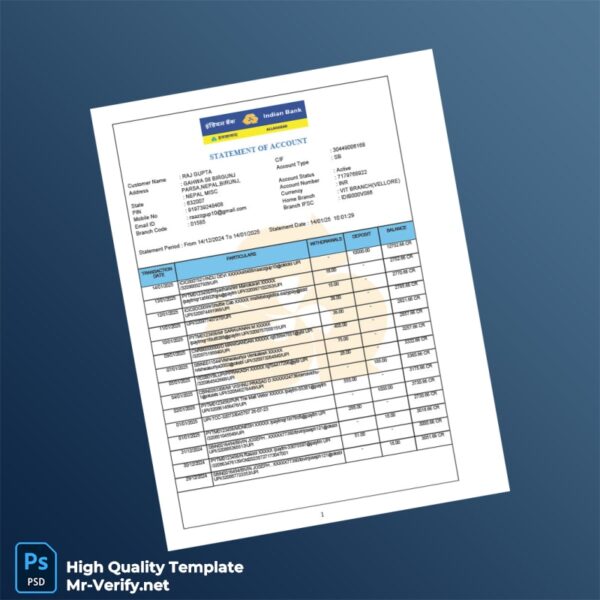 Nepal Indian Bank Statement Template in Word and PDF formats