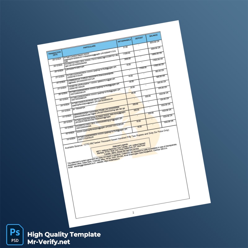 Nepal Indian Bank Statement Template in Word and PDF formats page 2 Nepal Indian Bank Statement Template in Word and PDF formats page 2