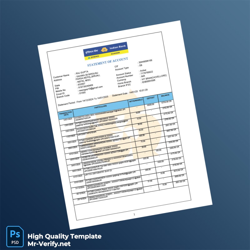 Nepal Indian Bank Statement Template in Word and PDF formats Nepal Indian Bank Statement Template in Word and PDF formats