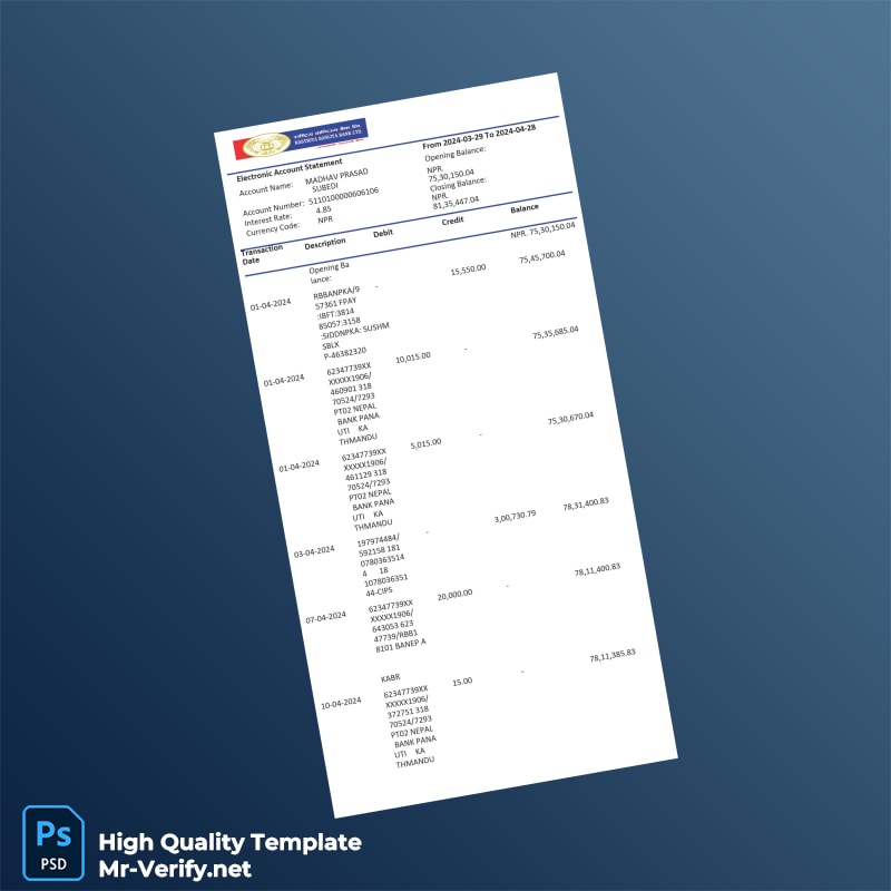 Nepal PDB Bank Statement Template in Word and PDF formats Nepal PDB Bank Statement Template in Word and PDF formats