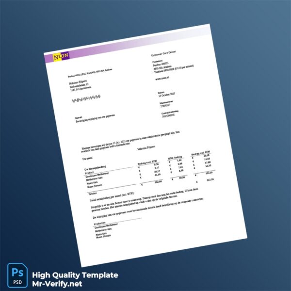 Netherlands Nuon Editable Utility Bill Template in Word and PDF formats Netherlands Nuon Editable Utility Bill Template in Word and PDF formats