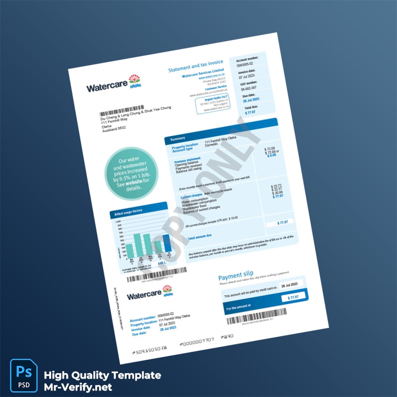 New Zealand Watercare Services Editable Water Bill Template in Word and PDF formats New Zealand Watercare Services Editable Water Bill Template in Word and PDF formats