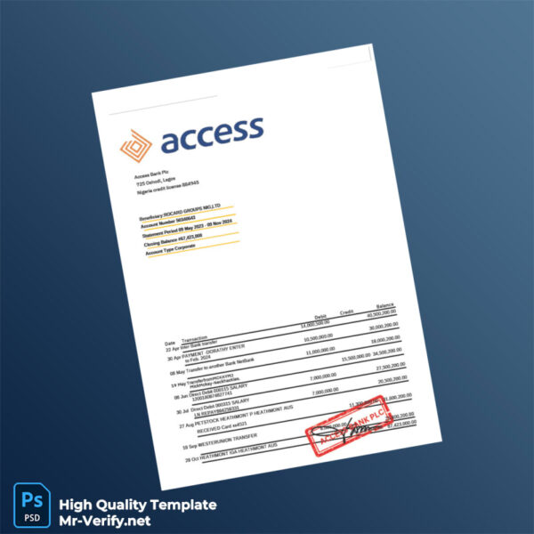 Nigeria Access Bank Bank Statement Template in Word and PDF formats