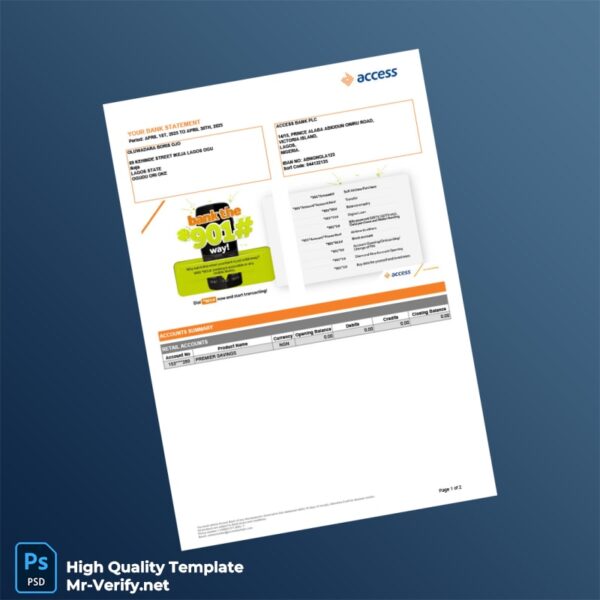 Nigeria Access Bank Premier Savings Account Statement Template in Word and PDF formats Nigeria Access Bank Premier Savings Account Statement Template in Word and PDF formats