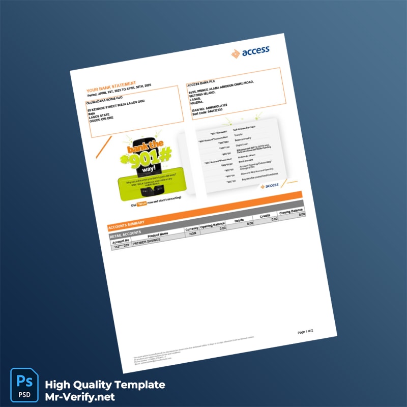 Nigeria Access Bank Premier Savings Account Statement Template in Word and PDF formats Nigeria Access Bank Premier Savings Account Statement Template in Word and PDF formats