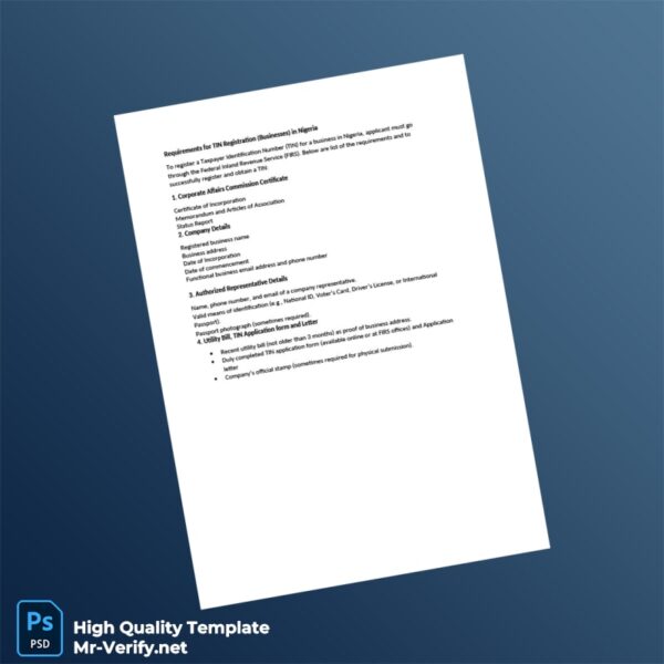 Nigeria Federal Inland Revenue Service Editable TIN Registration Requirements Template in Word and PDF formats Nigeria Federal Inland Revenue Service Editable TIN Registration Requirements Template in Word and PDF formats