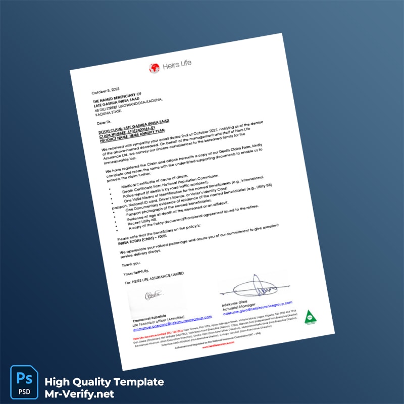 Nigeria Heirs Life Assurance Limited Editable Acknowledgement Letter Template in Word and PDF formats Nigeria Heirs Life Assurance Limited Editable Acknowledgement Letter Template in Word and PDF formats