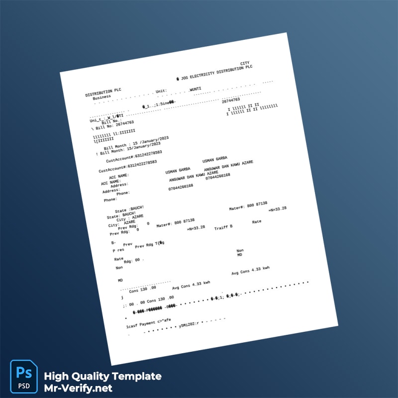 Nigeria Jos Electricity Distribution PLC Editable Utility Bill Template in Word and PDF formats Nigeria Jos Electricity Distribution PLC Editable Utility Bill Template in Word and PDF formats