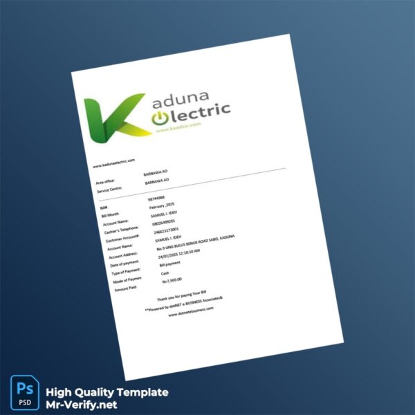 Nigeria Kaduna Electric Editable Utility Bill Template in Word and PDF formats