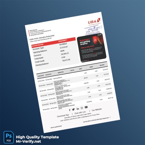 Nigeria UBA Group Bank Statement Template in Word and PDF formats