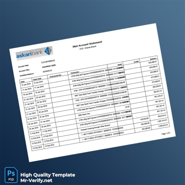 Pakistan Askari Bank Editable Account Statement Template in Word and PDF formats Pakistan Askari Bank Editable Account Statement Template in Word and PDF formats