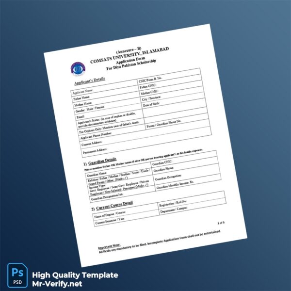 Pakistan COMSATS University Islamabad Editable Diya Pakistan Application Form Template in Word and PDF formats Pakistan COMSATS University Islamabad Editable Diya Pakistan Application Form Template in Word and PDF formats