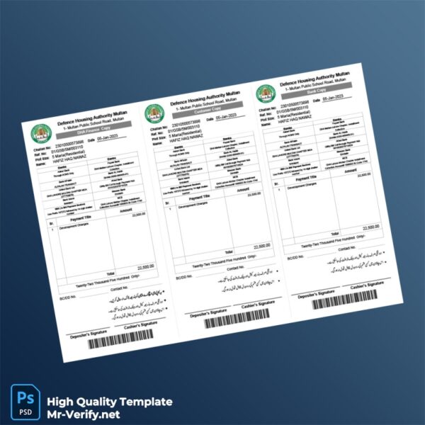 Pakistan Defence Housing Authority Editable Challan Receipt Template in Word and PDF formats