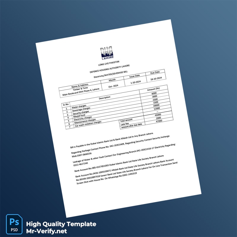 Pakistan Defence Housing Authority Lahore Editable Electricity_Water_Sewerage Bill Template in Word and PDF formats Pakistan Defence Housing Authority Lahore Editable Electricity_Water_Sewerage Bill Template in Word and PDF formats