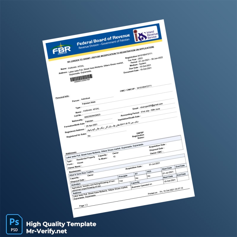 Pakistan Editable Tax Registration Document Template in Word and PDF formats Pakistan Editable Tax Registration Document Template in Word and PDF formats