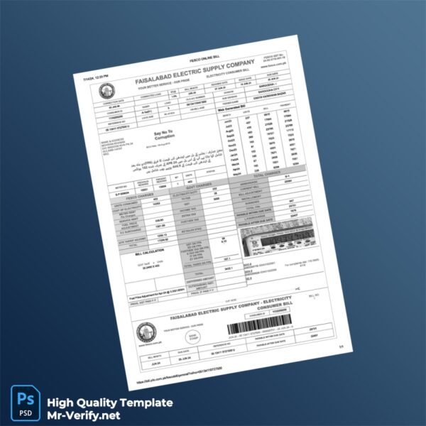 Pakistan Faisalabad Electric Supply Company Editable Electricity Bill Template in Word and PDF formats Pakistan Faisalabad Electric Supply Company Editable Electricity Bill Template in Word and PDF formats