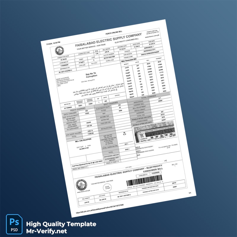 Pakistan Faisalabad Electric Supply Company Editable Electricity Bill Template in Word and PDF formats Pakistan Faisalabad Electric Supply Company Editable Electricity Bill Template in Word and PDF formats